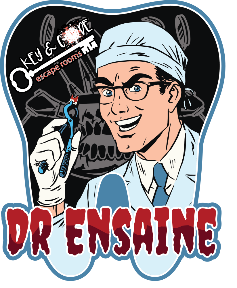 Cartoon dentist holding pliers, smiling, 'Key & Code Escape Rooms' logo with text 'Dr Ensaine' below.