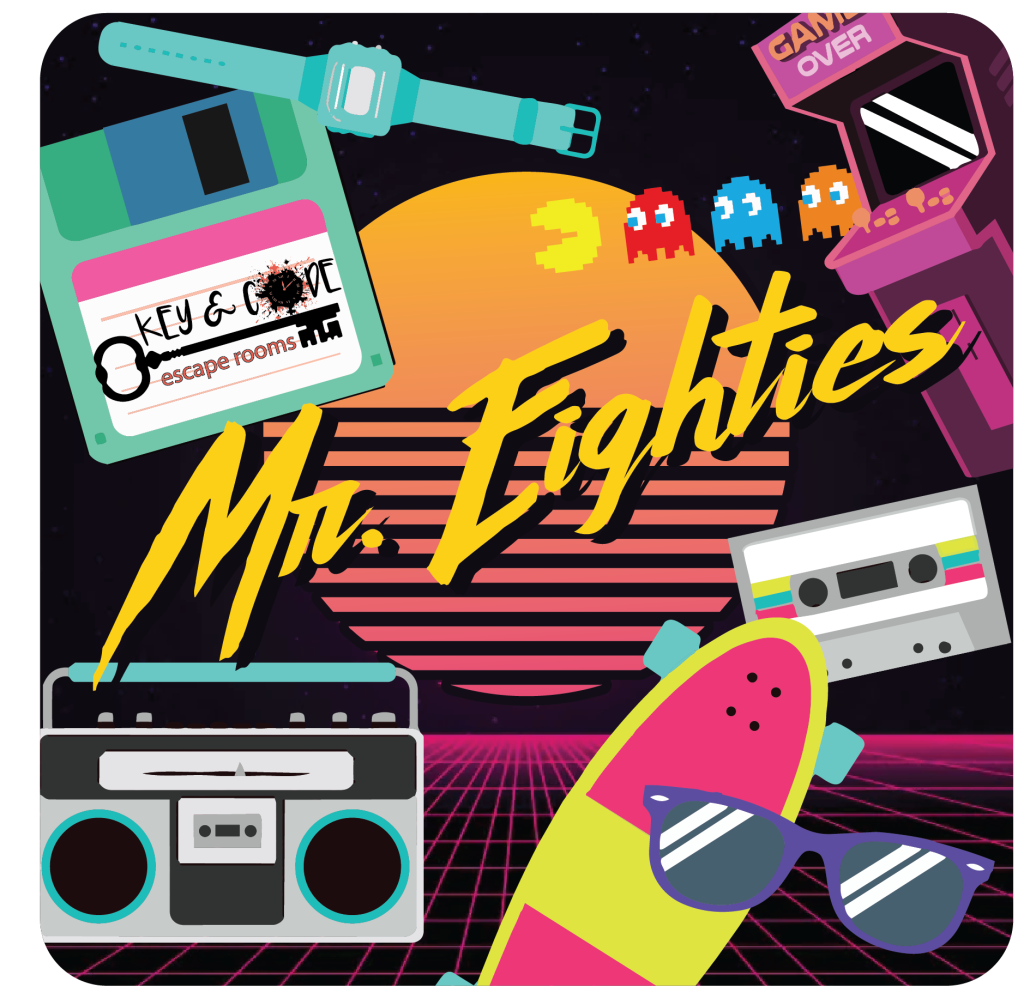 Retro 80s themed design with arcade icons, cassette, skateboard, and sunglasses.
