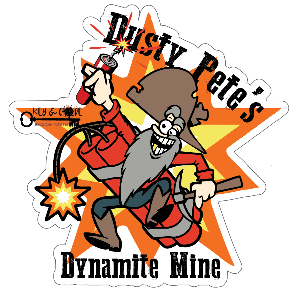 Cartoon miner with dynamite and key, text: Dusty Pete's Dynamite Mine.