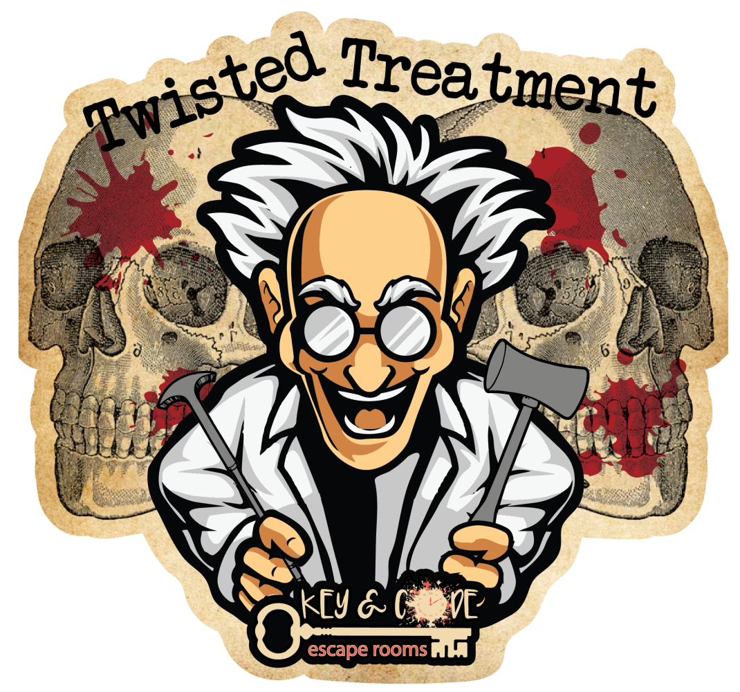 Cartoon mad scientist with tools in front of skulls, text: 'Twisted Treatment'.