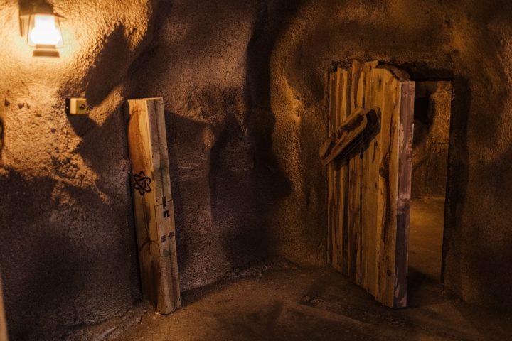 a close up of a stone building