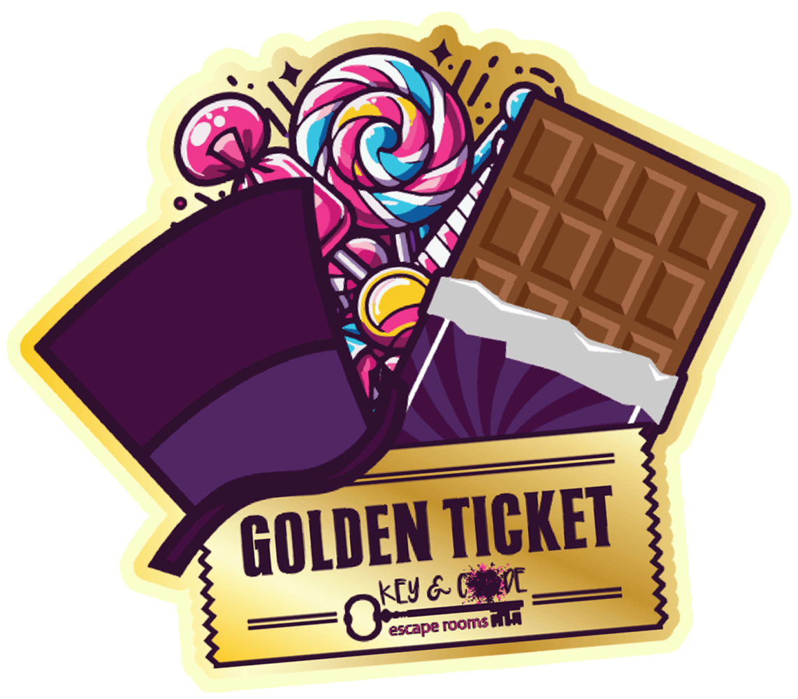 Sticker with candy, chocolate bar, top hat, and 'Golden Ticket' label.