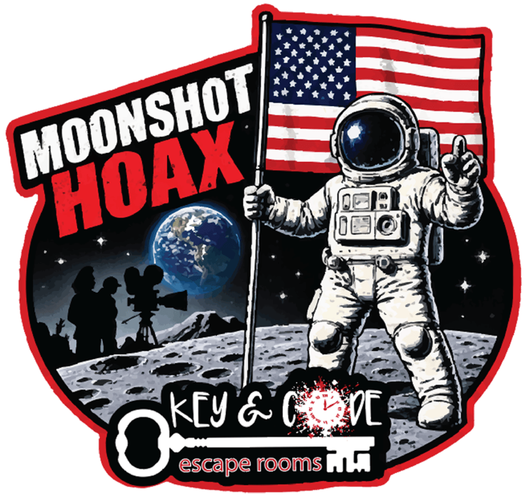 Astronaut with U.S. flag on moon, text 'Moonshot Hoax', earth backdrop, escape room logo below.