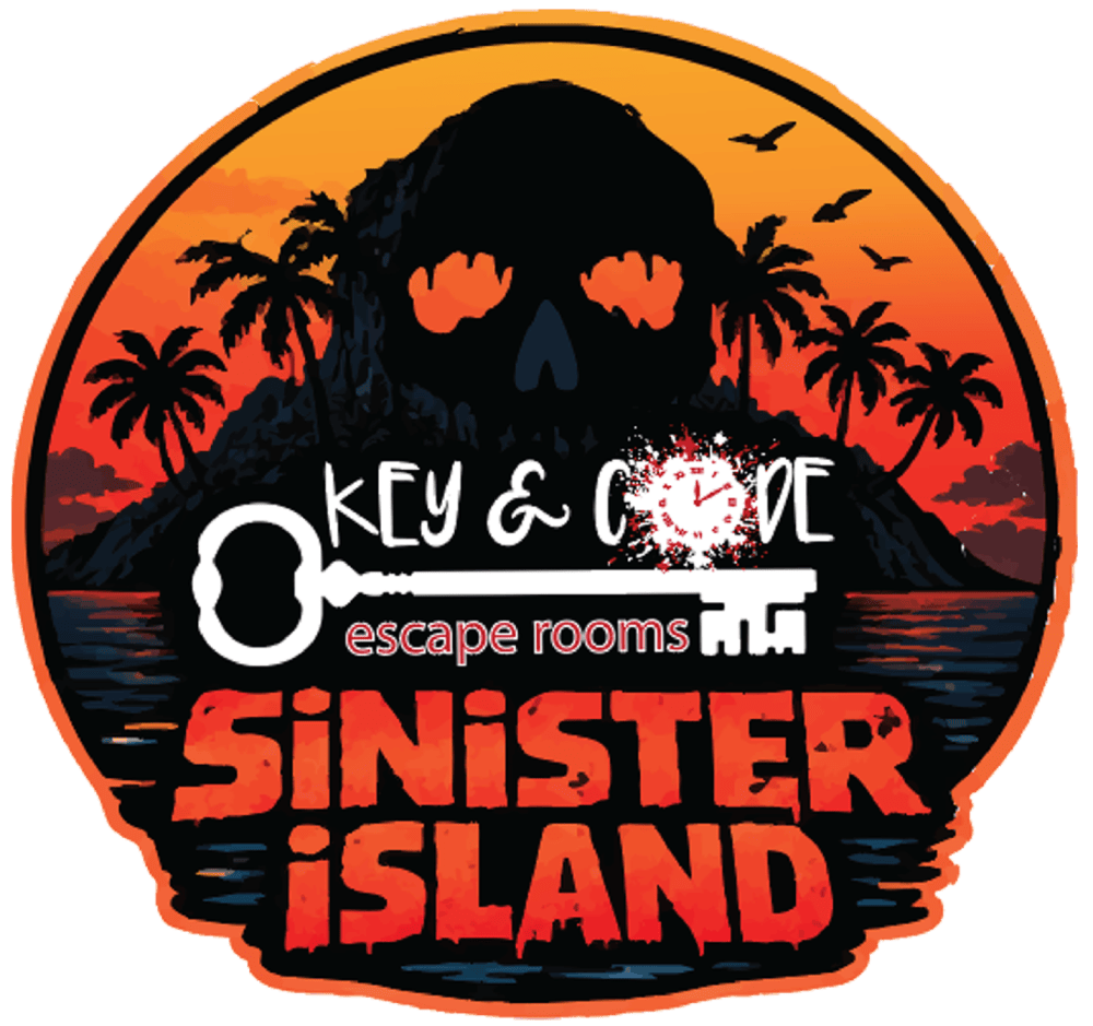 Logo with skull sunset, island, key, text 'Key & Code Escape Rooms Sinister Island'.