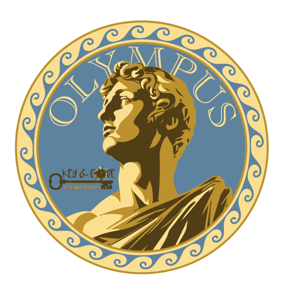 Gold statue profile in round frame with 'Olympus' text and swirling border.