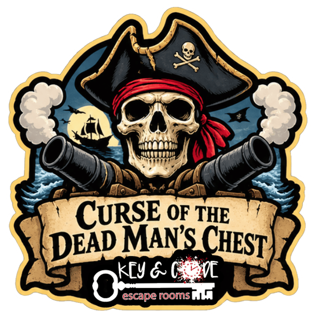 Pirate skull with cannons, ship, and 'Curse of the Dead Man's Chest' text.