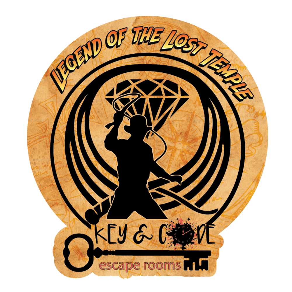 Logo with adventurer silhouette, diamond, and text: 'Legend of the Lost Temple', 'Key & Code', 'escape rooms'.