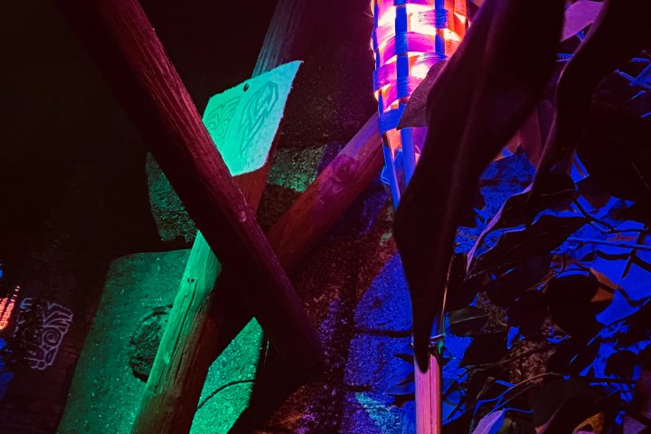 Colorful torch against a wall with wooden beams and tropical leaves in dim lighting.