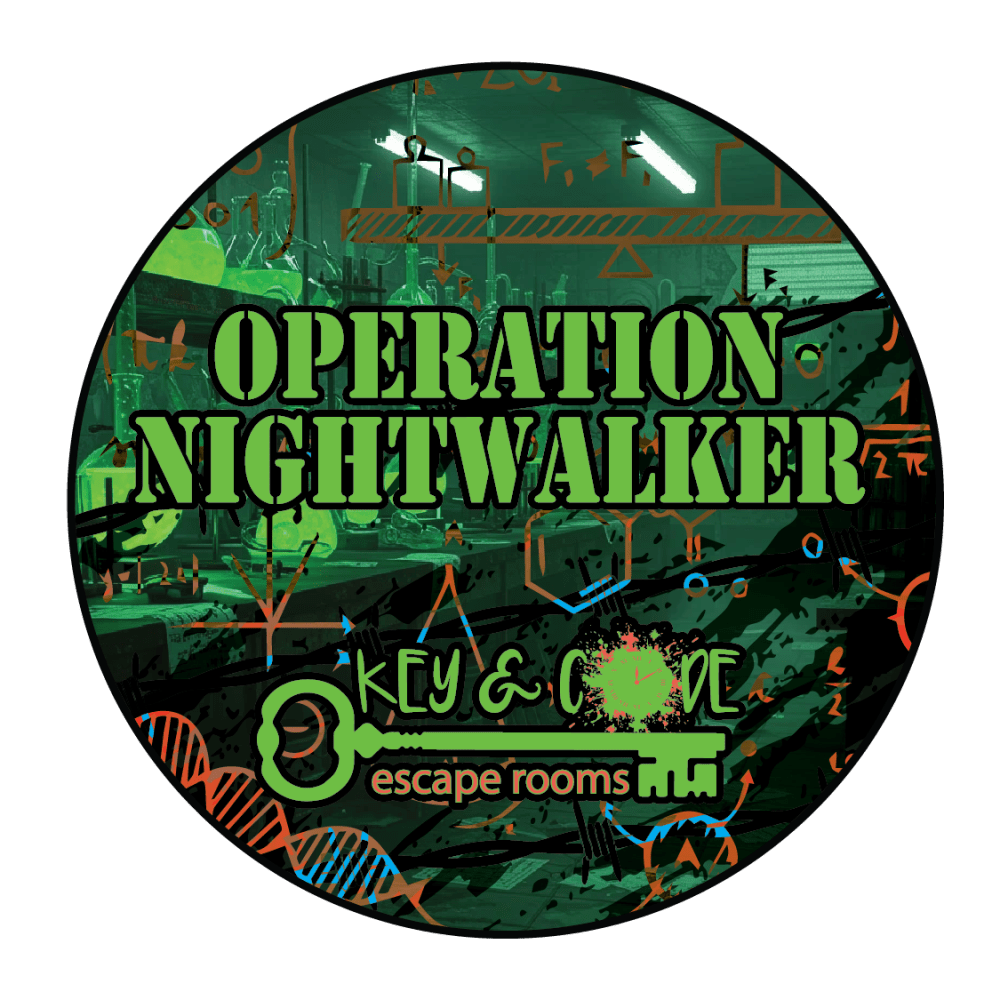 Circular logo with 'Operation Nightwalker' and 'Key & Code Escape Rooms' text over green background.