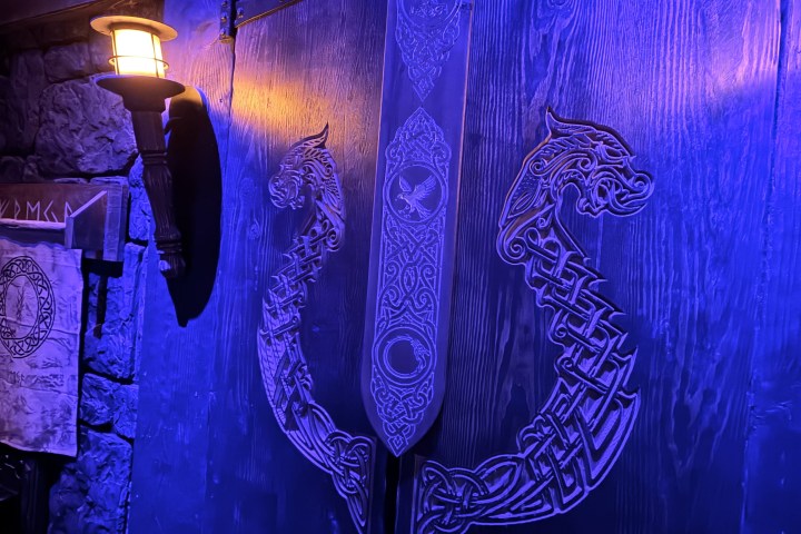 Ornate wooden door with Viking carvings under blue light.