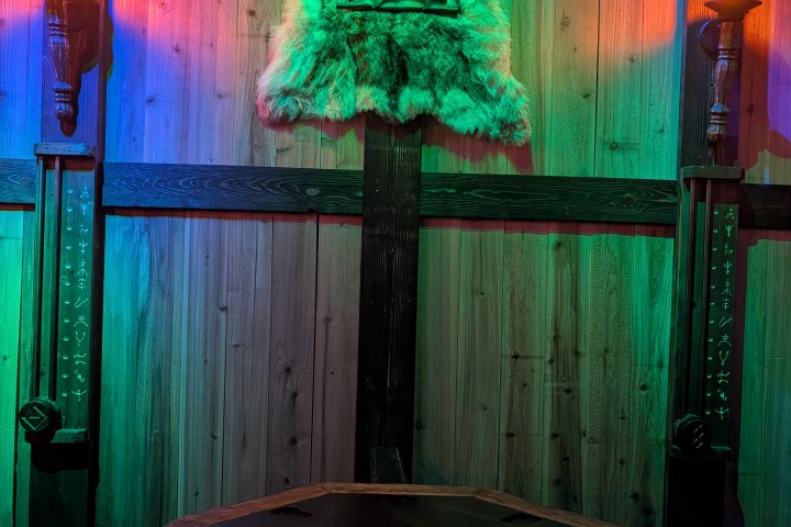 Wooden room with a round table, fur on wall, and colorful lights.