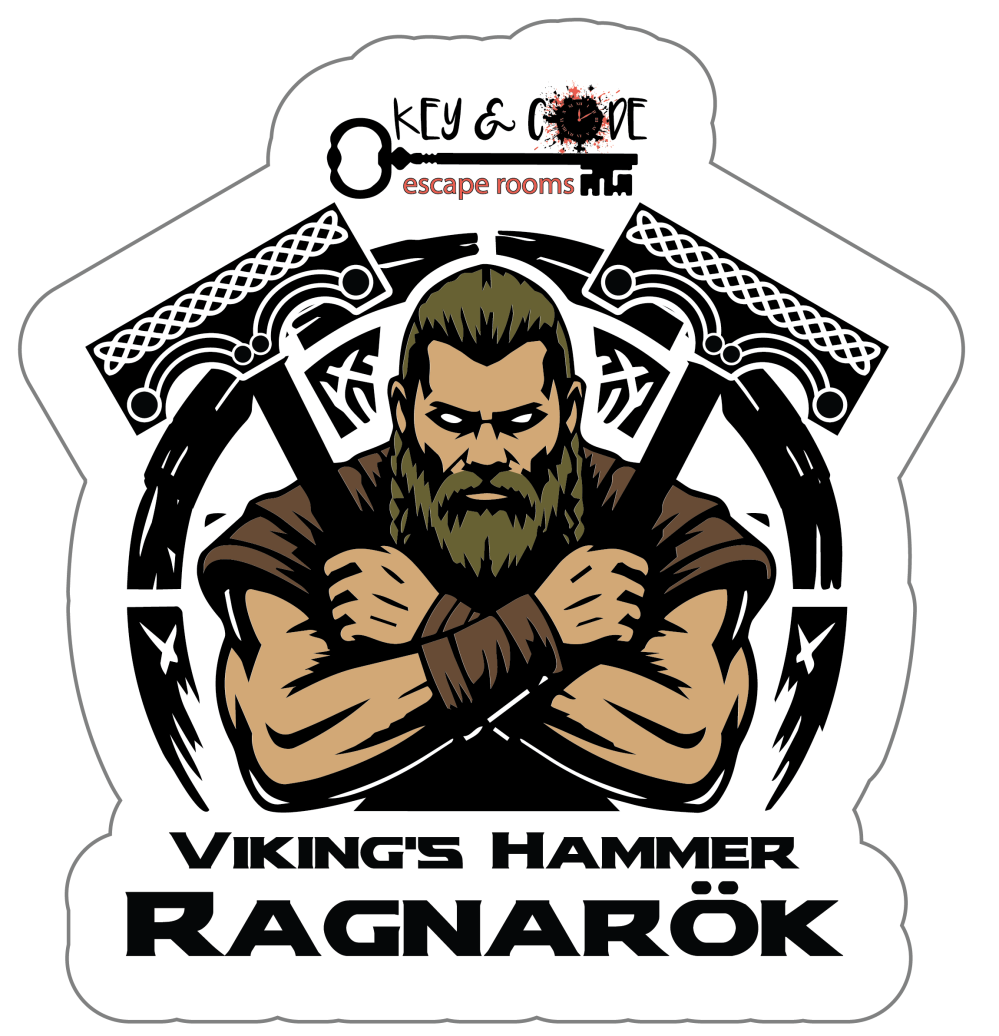 Viking warrior with crossed axes, text 'Viking's Hammer Ragnarök'.