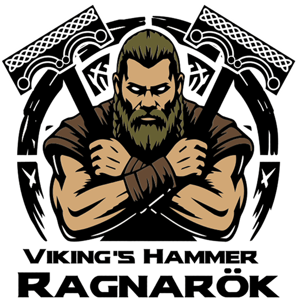 Bearded warrior with crossed hammers, text: Viking's Hammer Ragnarök.