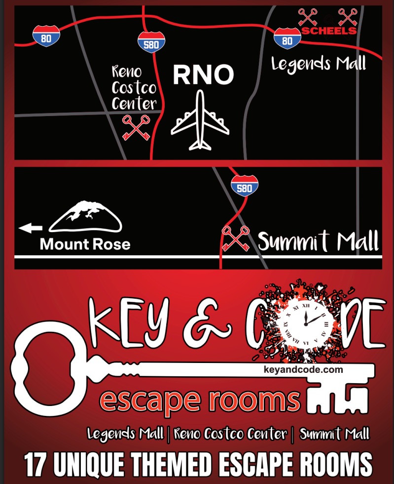 Map featuring Reno with escape room locations and a large key graphic.