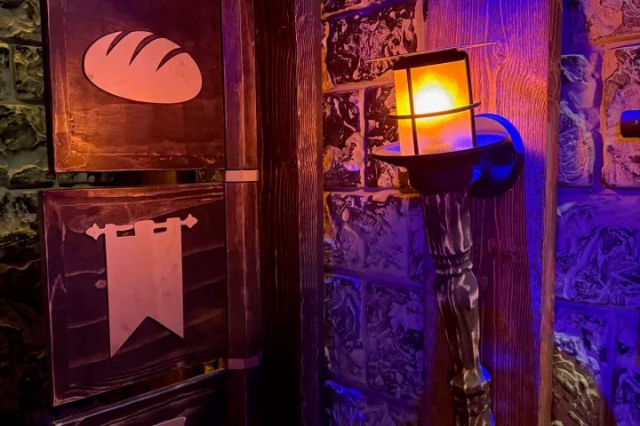 Stone wall with medieval plaques and lit torch sconce
