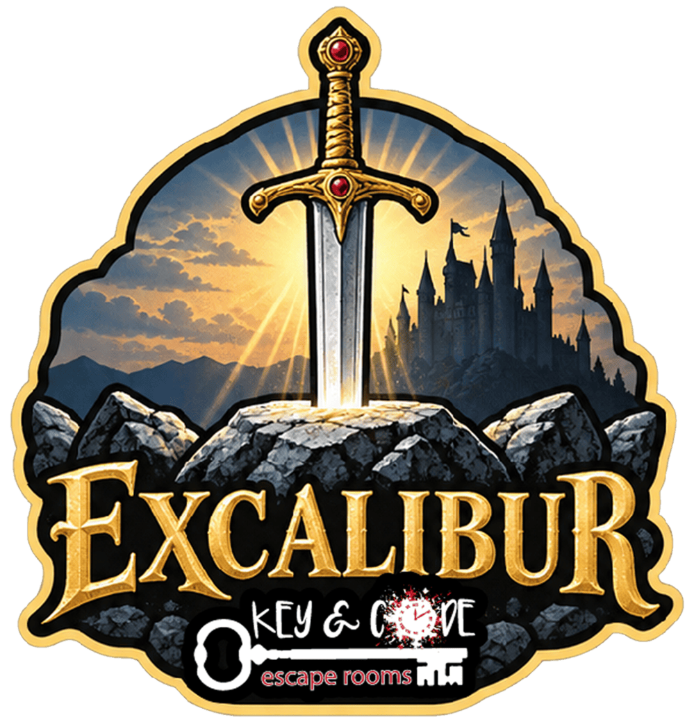 Sword in stone with castle background, 'Excalibur' and 'Key & Code Escape Rooms' text.