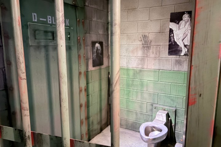 Dimly lit prison cell with a toilet, green wall, and photographs on the wall.