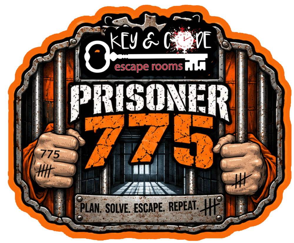 Logo with hands on bars, text: 'Prisoner 775', 'Plan. Solve. Escape. Repeat.'