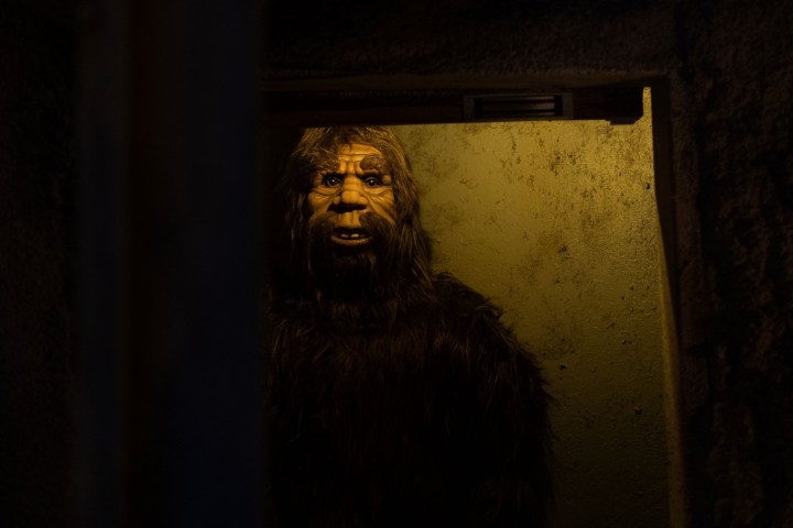 Dimly lit figure resembling Bigfoot in a doorway.