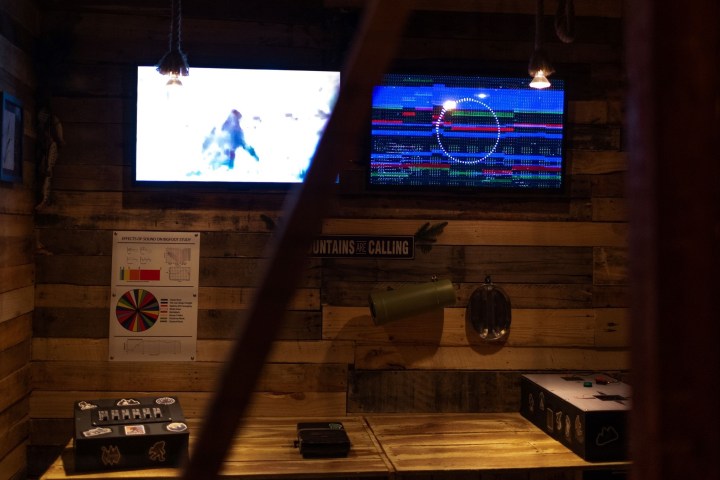 Dimly lit room with wood walls, two screens showing images, and various wall decorations.