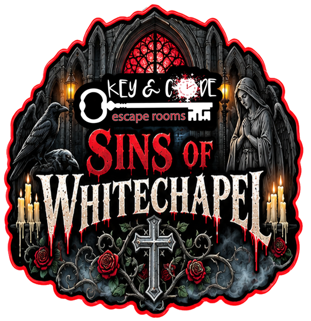 Gothic escape room logo: 'Sins of Whitechapel' with candles and a cross.
